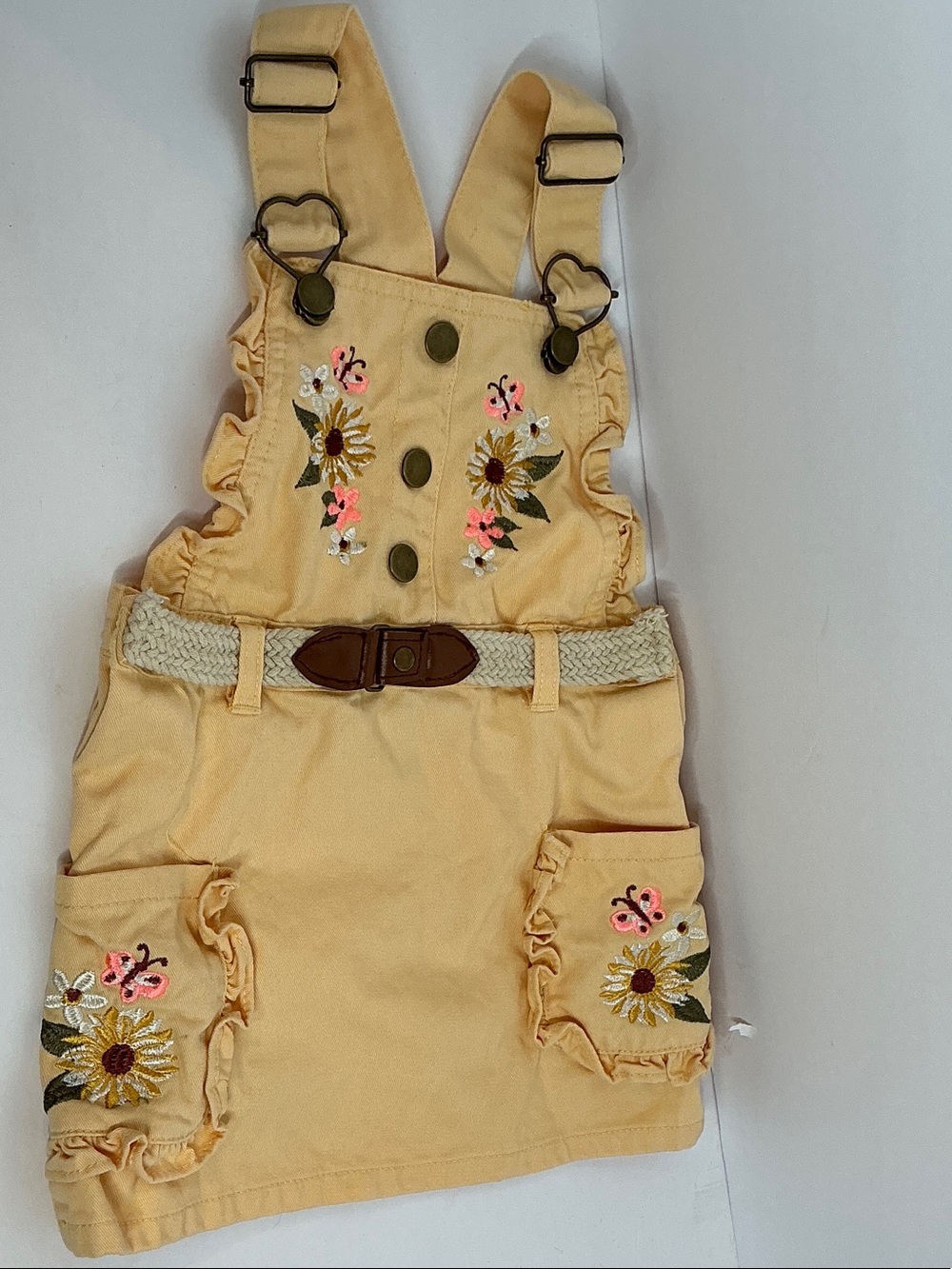 Little Lass Yellow Embroidered Overall Dress with Braided Belt